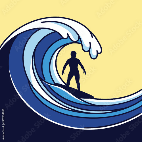 A surfer rides a large, curling blue wave against a pale yellow background, showcasing the thrill of watersports.