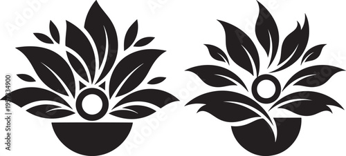 Abstract black and white graphic design featuring a stylized plant or flower arrangement in a pot-like base, with a circular motif. Modern minimalist decorative element