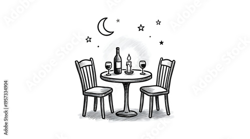Charming hand-drawn illustration capturing an intimate romantic dinner for two under the moonlit sky, perfect for a cozy date night celebration