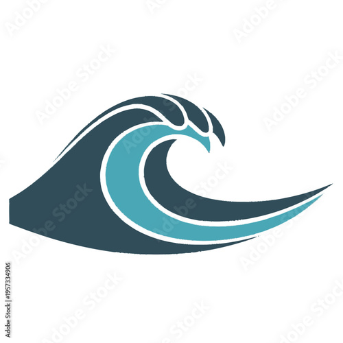 A stylized graphic of a dark blue and teal wave cresting and breaking, symbolizing motion and nature.