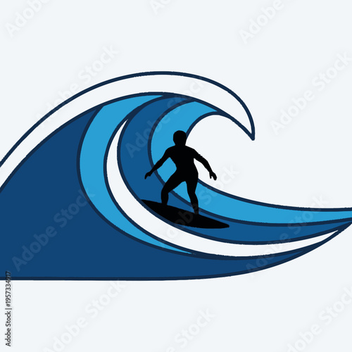 Silhouette of a surfer riding a large blue wave, capturing the thrill of watersports and ocean adventure.