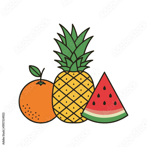 A vibrant illustration featuring a whole orange, a pineapple, and a slice of watermelon, presented against a white background.