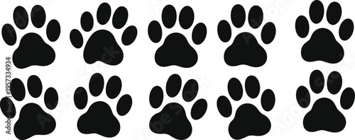 Animal paw print silhouettes set, dog and cat footprints collection, pet track icons, isolated vector illustration, wildlife and domestic animal marks
