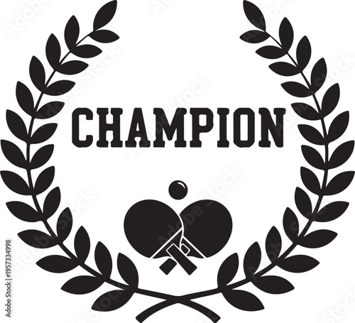 Table tennis champion, laurel wreath, winner badge, black vector icon