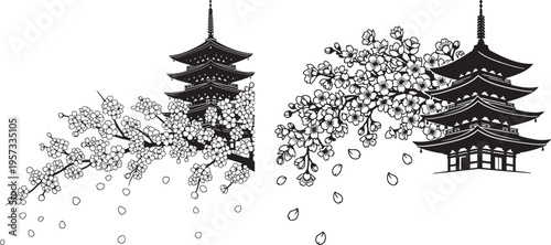 Japanese pagodas with cherry blossom branches, traditional cultural illustration, black and white vector art with falling petals