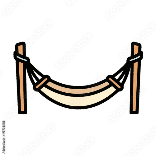 A simple, stylized illustration of a beige and cream hammock suspended between two wooden posts.