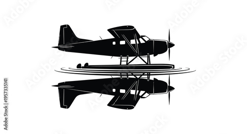 A striking black silhouette depicts a seaplane and its reflection creating a symmetrical and artistic composition silhouette high quality professional detailed