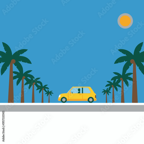 A bright yellow car drives down a palm-lined street under a clear blue sky with a shining sun.