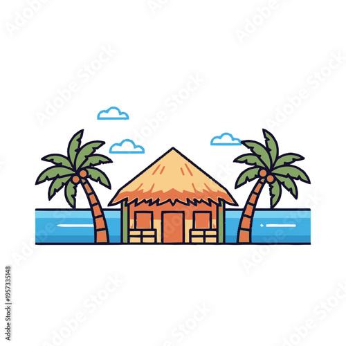 A charming tropical bungalow with a thatched roof sits on stilts over clear blue water, flanked by two vibrant palm trees under a sky with fluffy clouds.