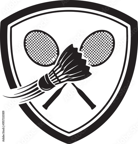Badminton shield logo, racket emblem, shuttlecock icon, sports crest