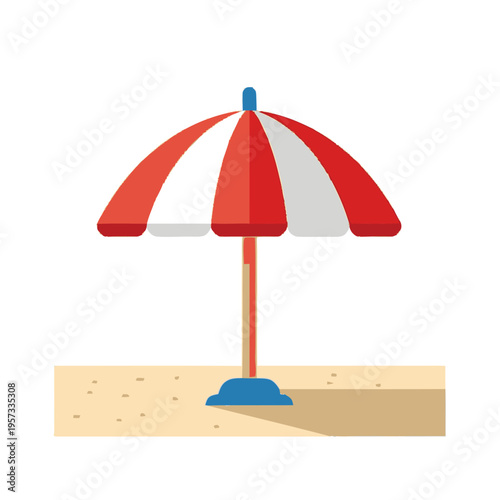 A red and white striped beach umbrella casting a shadow on the sand.