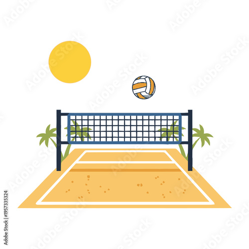 A vibrant illustration of a beach volleyball court with a net, ball, sun, and palm trees, set against a white background.