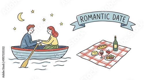 Charming hand-drawn illustration depicting a couple enjoying a romantic evening boat ride under a starry sky and a delightful outdoor picnic setup