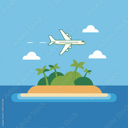 A commercial airplane flies over a tropical island with palm trees in the middle of the ocean under a clear blue sky with clouds.