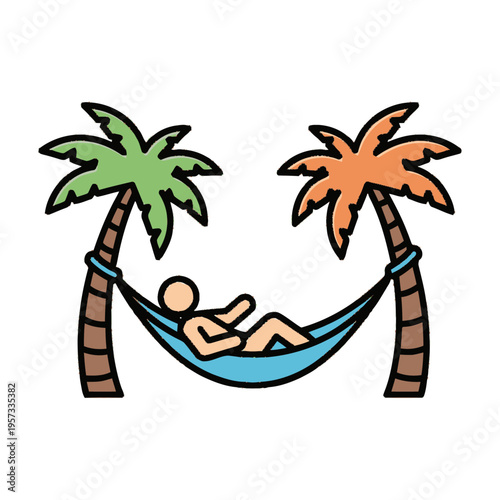A person relaxing in a hammock strung between two palm trees on a tropical beach.