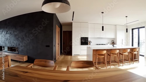 A sweeping panoramic kitchen and empty living room with a bold black wall is presented in sleek modern style, the dark-toned apartment space radiating contemporary drama.
