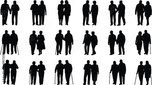 Elderly couples silhouettes set, senior people walking together, old age relationships, support and care concept, black vector illustration collection