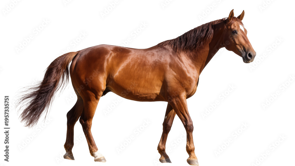 Fototapeta premium Beautiful chestnut horse with white blaze standing confidently, elegant full body side view