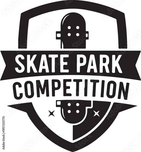 Vector skate park competition logo with shield and skateboard