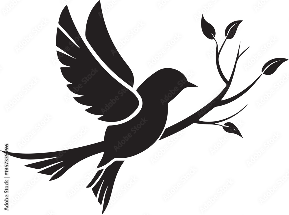 Obraz premium Bird on branch black silhouette icon isolated on transparency grid background vector illustration