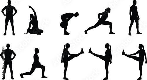 Set of men and women fitness silhouettes performing stretching lunges and warm up exercises isolated on white background for workout design