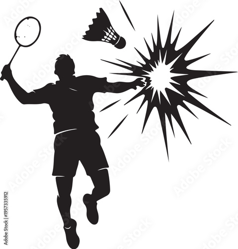 Black silhouette of man playing badminton vector