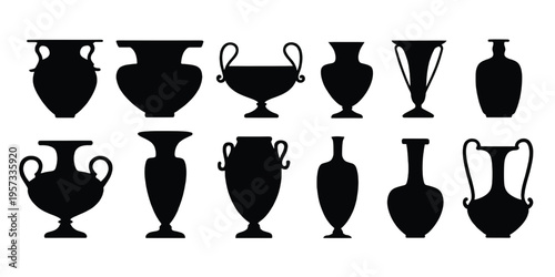 A collection of twelve black silhouette icons representing various ancient greek pottery vessel types