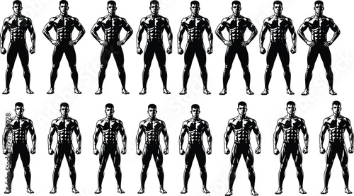 Set of muscular male body silhouettes showing anatomy poses isolated on white background for fitness bodybuilding and medical illustration design use