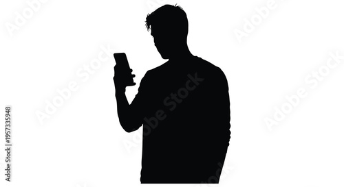 A dark silhouette of a man holding and looking at a smartphone illuminated by the screen silhouette high quality professional detailed