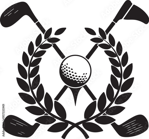 Black golf icon set with laurel wreath and clubs