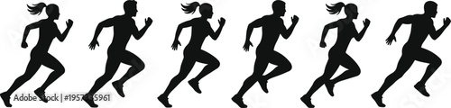 Set of running men and women silhouettes in dynamic sprint motion isolated on white background for fitness and sports design use