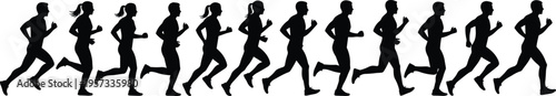 Set of running people silhouettes in sequence, male and female joggers movement progression, fitness activity icons isolated on white background