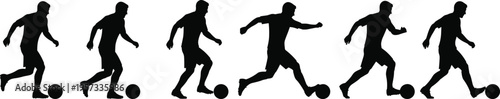 Set of soccer player silhouettes dribbling ball in sequence, football movement progression icons isolated on white background
