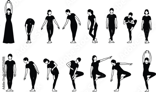 Set of yoga practice silhouettes showing standing stretching and balance poses isolated on white background for wellness and fitness design use