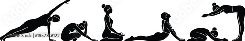 Set of yoga sequence silhouettes showing stretching and relaxation poses isolated on white background for wellness meditation and fitness design use