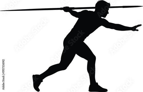Silhouette of javelin throw athlete in dynamic action pose isolated on white background for athletics and track field sports design use