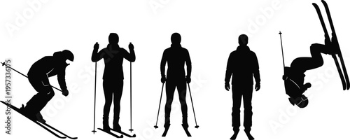 Skiing silhouettes set showing downhill skiing, freestyle jump and winter sport poses, dynamic snow activity collection isolated on white background concept
