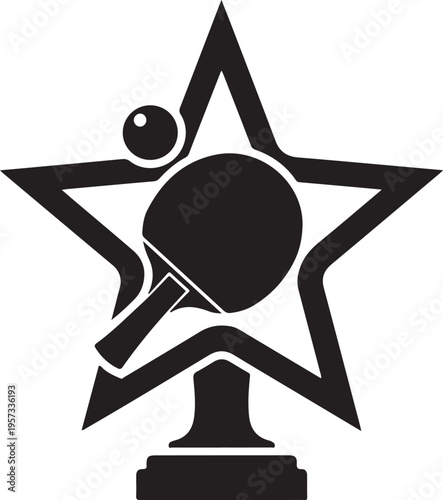 Black star trophy icon with ping pong paddle and ball, sports award symbol, vector graphic