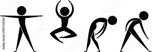 Stretching and warm up stick figure icons set showing flexibility exercises and body movement, minimal design collection isolated on white background