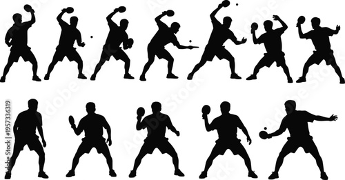 Table tennis player silhouettes set showing forehand and backhand strokes, dynamic ping pong action collection isolated on white background sport concept