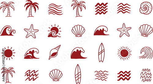 A collection of 25 beach themed icons in red and white featuring palm trees waves surfboards and other coastal symbols