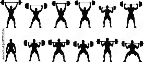 Weightlifting silhouettes set showing barbell clean, press and squat exercises, strength training sequence isolated on white background, fitness and gym concept