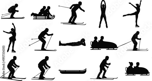 Winter sports silhouettes set featuring skiing sledding ice skating and snow activities isolated on white background seasonal vector illustration