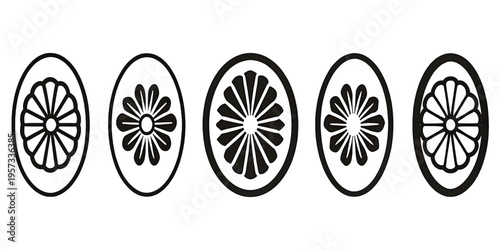 A collection of five distinct oval shaped floral motifs arranged in a horizontal line illustration