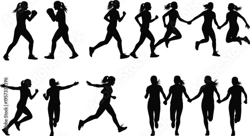 Women fitness and running silhouettes set showing jogging, jumping and partner activity poses, dynamic active lifestyle collection isolated on white background