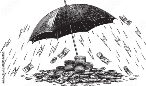 A vector illustration showing an open umbrella protecting a pile of money and coins from falling rain and lightning