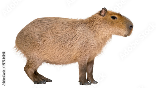 Calm capybara, the world's largest rodent, standing proudly in a full profile view