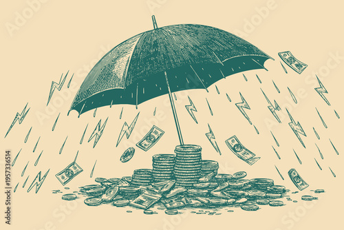A vector illustration showing an open umbrella protecting a pile of money and coins from falling rain and lightning
