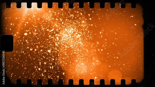 Orange light leaks drift through a retro film distressed flare overlay on a dark analog background, ray and bokeh burning through grain.