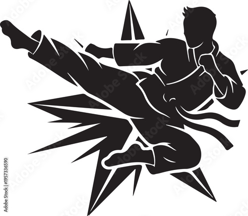 Martial arts, karate kick, black silhouette, vector icon
